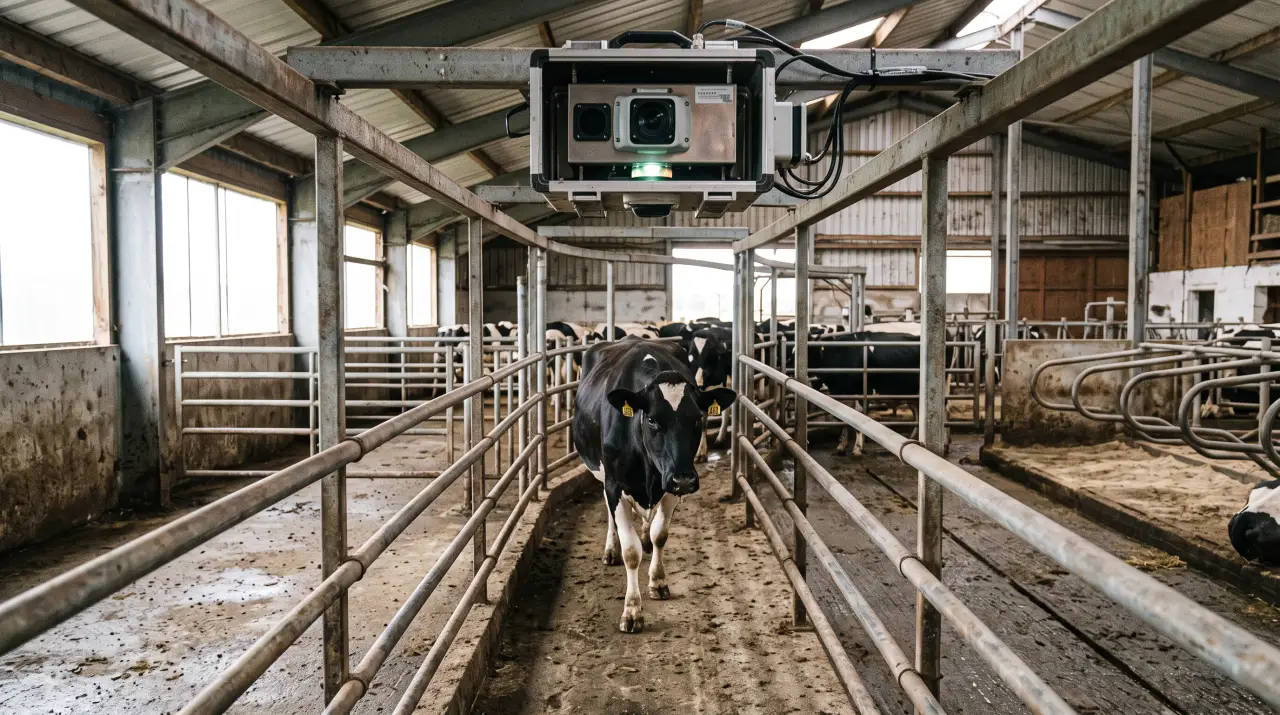 Overhead camera scoring a dairy cow's back as she exits the milking parlor