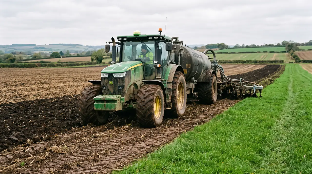 A slurry tanker applying liquid manure across a green field with GPS equipment