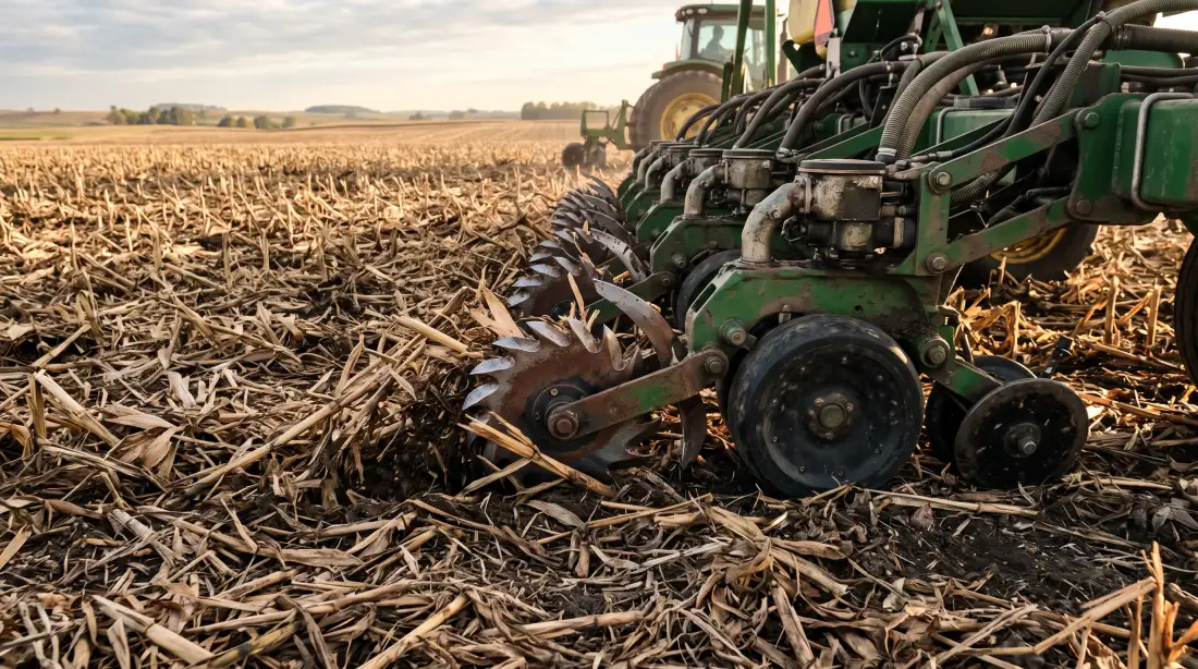 A no-till planter seeding directly into corn residue on an undisturbed spring field