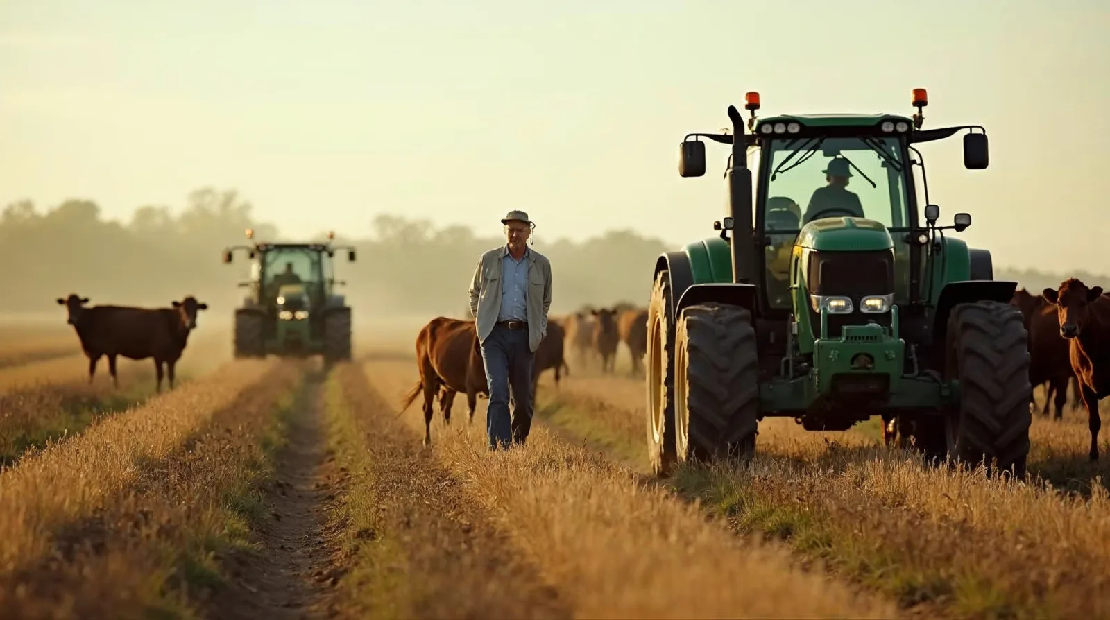 A rancher checking a grazing app on a phone beside cattle rotating through green paddocks