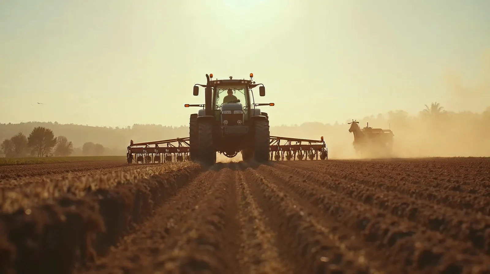 A row-crop planter working a field with hydraulic downforce cylinders on each row unit
