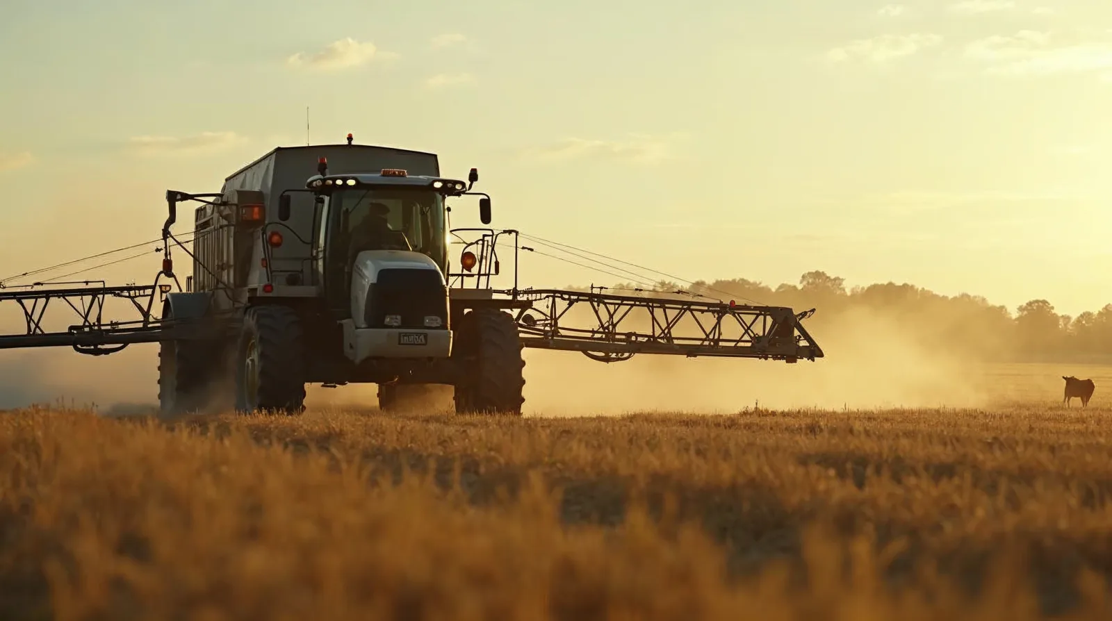 Self-propelled sprayer boom applying spray across a green row crop field