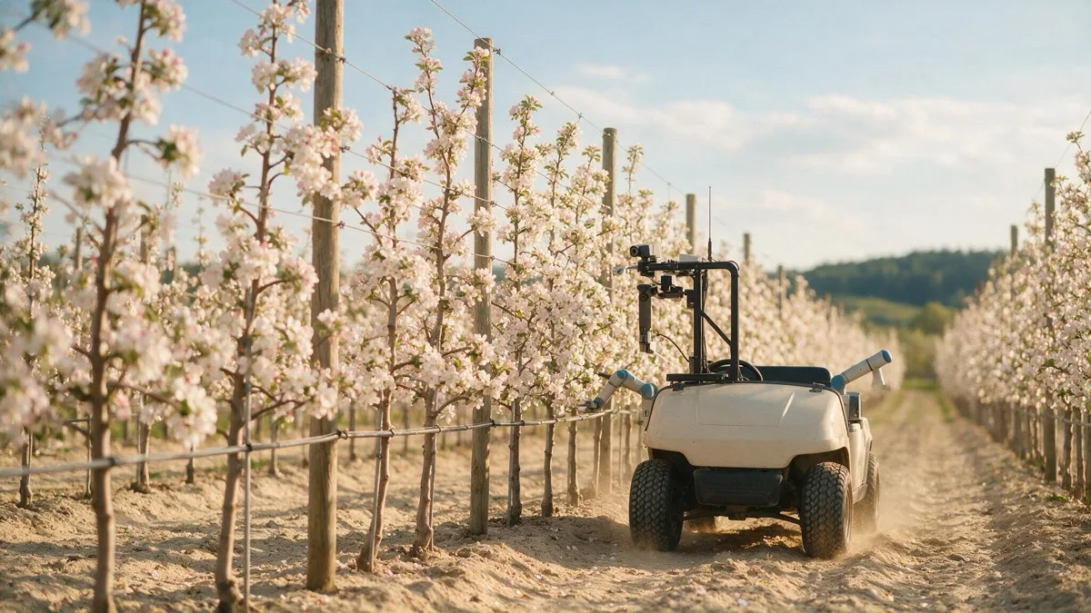 Camera and robotic thinning rig scanning blossoming apple trees along a V-trellis orchard row