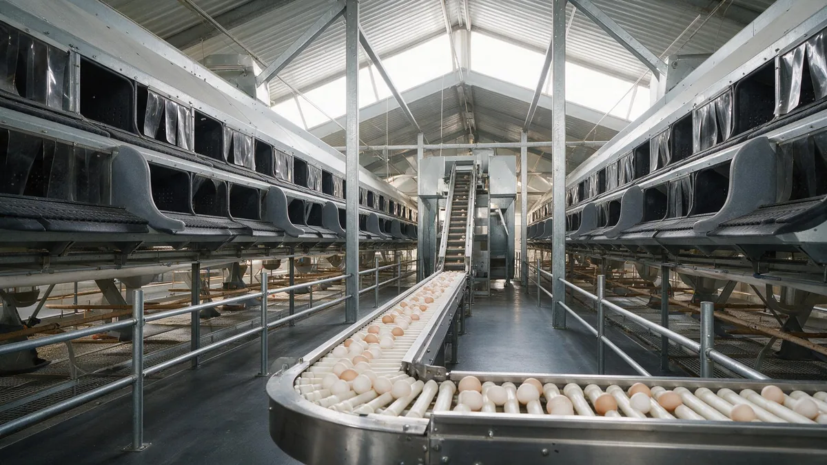 Automated egg belt conveyor moving eggs out of a cage-free layer barn