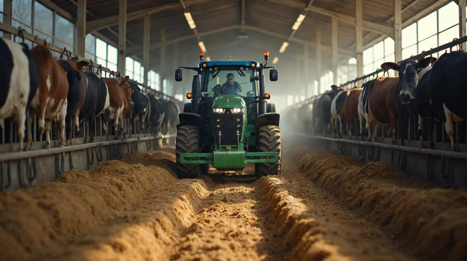 A battery-powered robot pushing feed back to cows along a barn alley