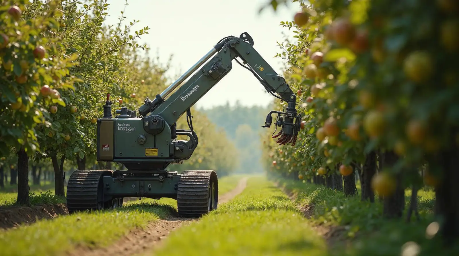 A robotic arm picking apples from a trellised orchard row at harvest