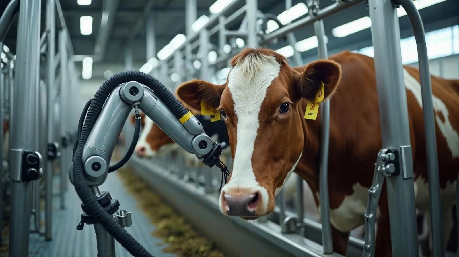 A cow entering a single-box milking robot in a small free-stall barn