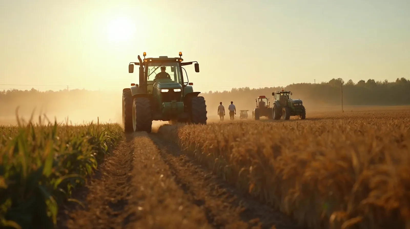 A tractor with a GNSS receiver antenna working a field under clear sky