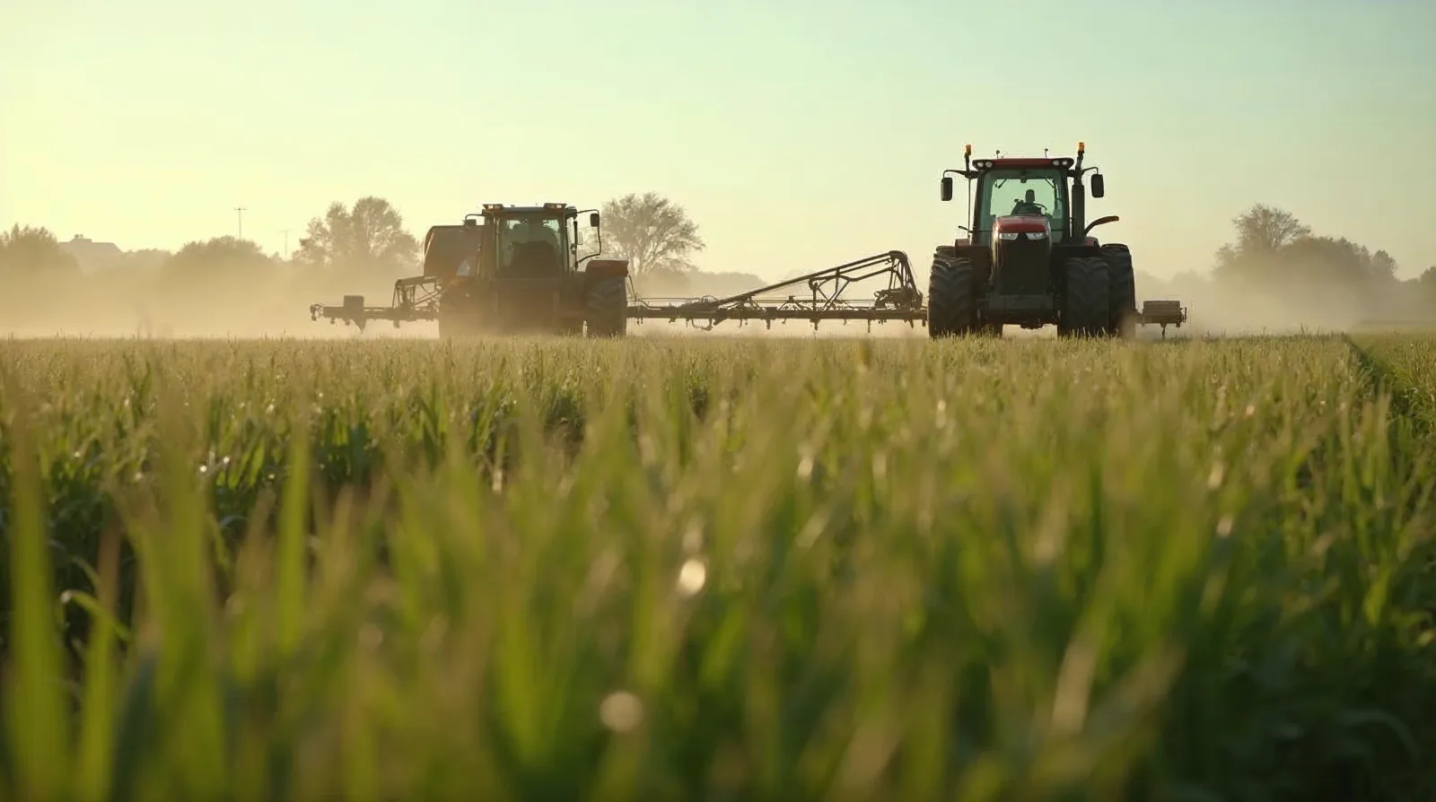 A self-propelled sprayer with boom-mounted cameras targeting weeds between green soybean rows