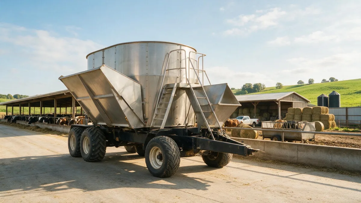 Vertical auger TMR feed mixer wagon at a dairy farm