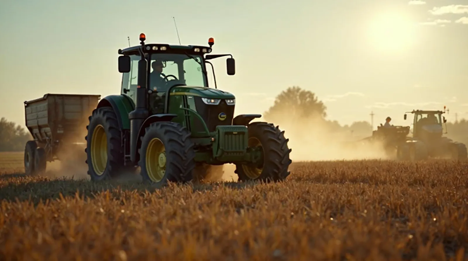 A farm manager reviewing fleet telematics data on a tablet beside a row-crop tractor