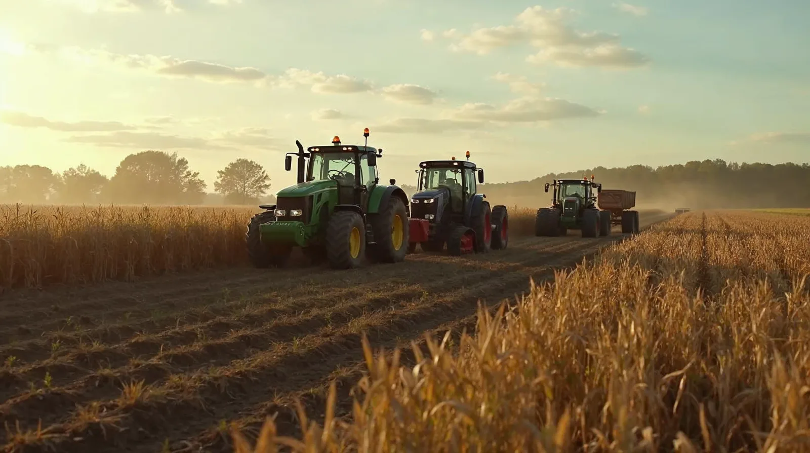 A used tractor and combine parked in a farm lot for an online auction listing