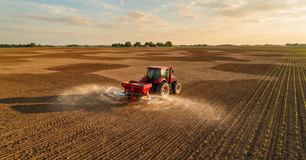A dry fertilizer spreader applying granular phosphorus and potassium across mapped soil zones in a farm field