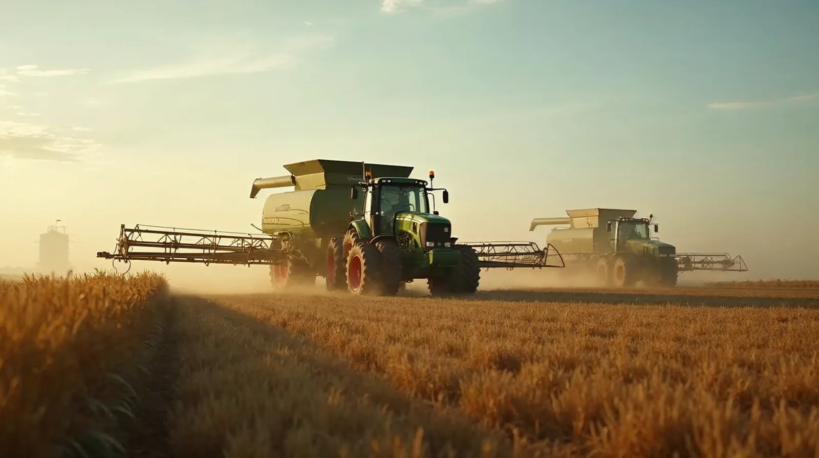 Farmer checking a wind and inversion spray app beside a field sprayer at dawn